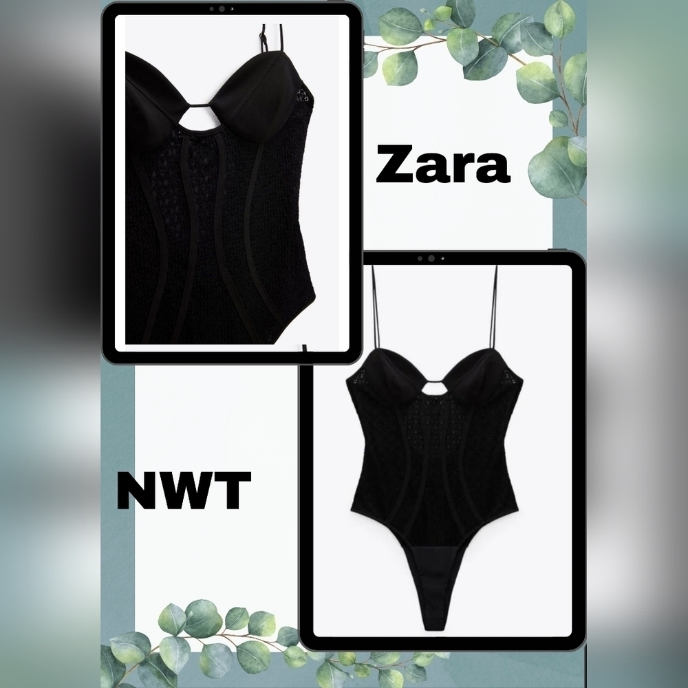 NWT Zara Women's Black Lace Corset Style Bodysuit Size Medium - Picture 6 of 9
